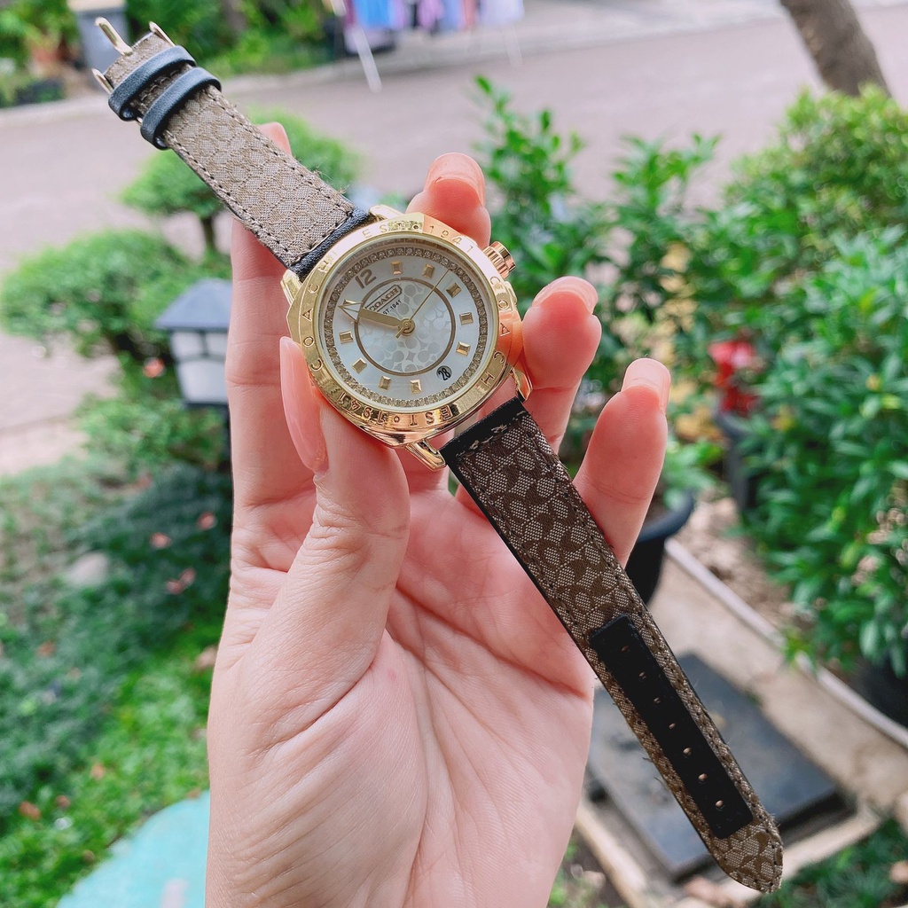 COD Jam Tangan Wanita Coach Tali Kulit Diamond Besar Tanggal Aktif Box Exclusive
