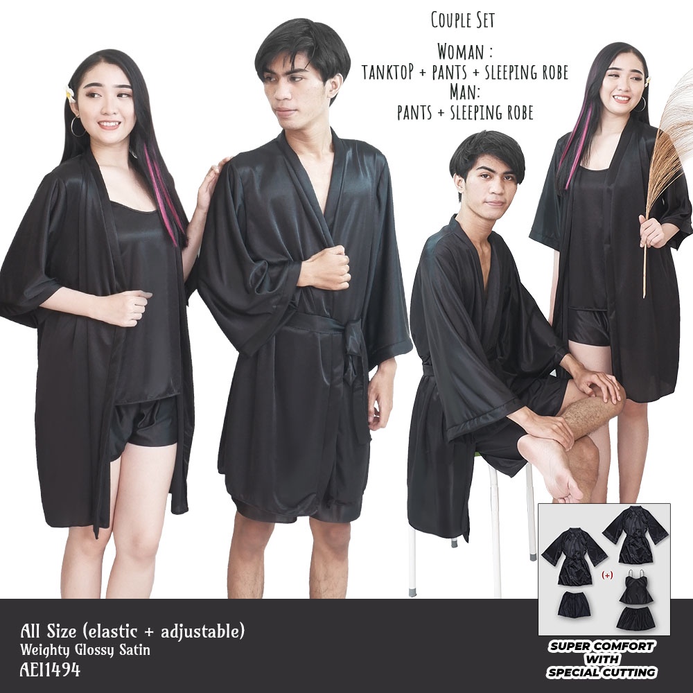 FOLVA baju tidur kimono couple pasangan satin 1494BCPL hitam all size