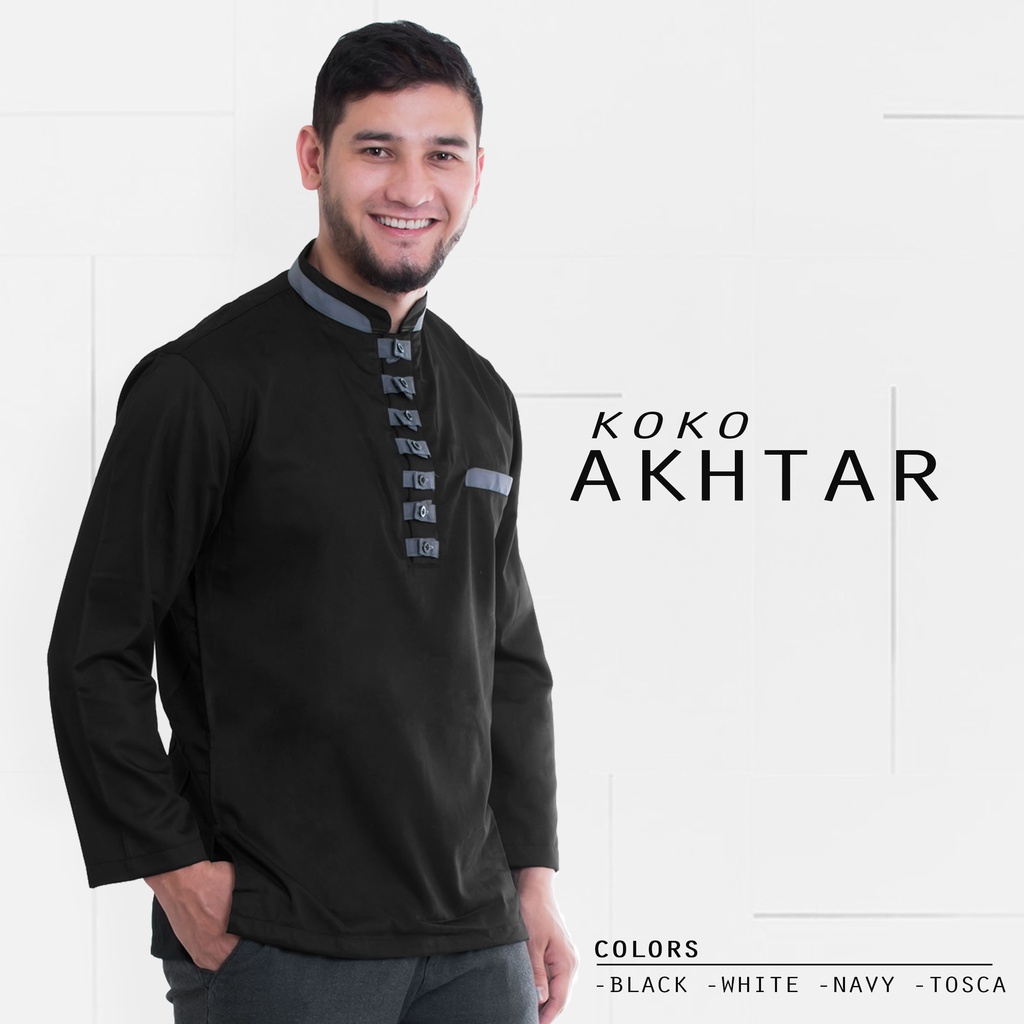 Baju Pakaian Atasan Koko Pria Akhtar Muslim Elegan Bahan Cotton Adem Lengan Panjang Kerah Sanghai Premium Original