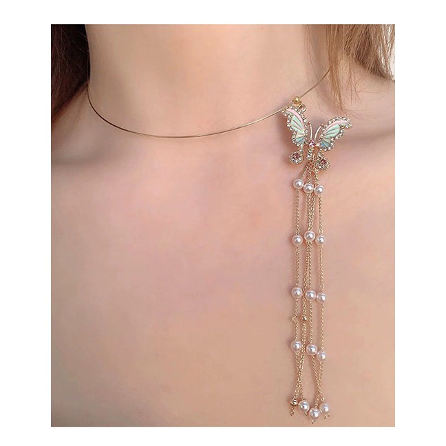 LRC Kalung Fashion Golden Butterfly Diamond Tassel Chain Clavicle K18773