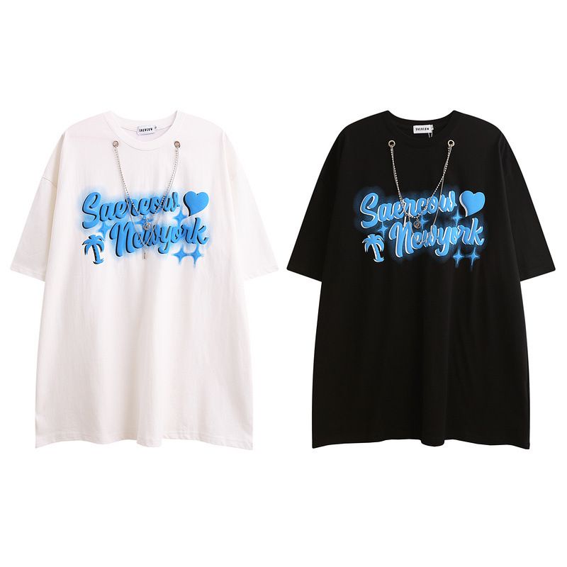 [littlecrab] Kaos Oversize Saercow Newyork With Additional Double Chain Love Coconut Tree Star Tshirt Rantai Swag Unik Aesthetic Street Style T-shirt Berkualitas Couple Unisex Korean Style