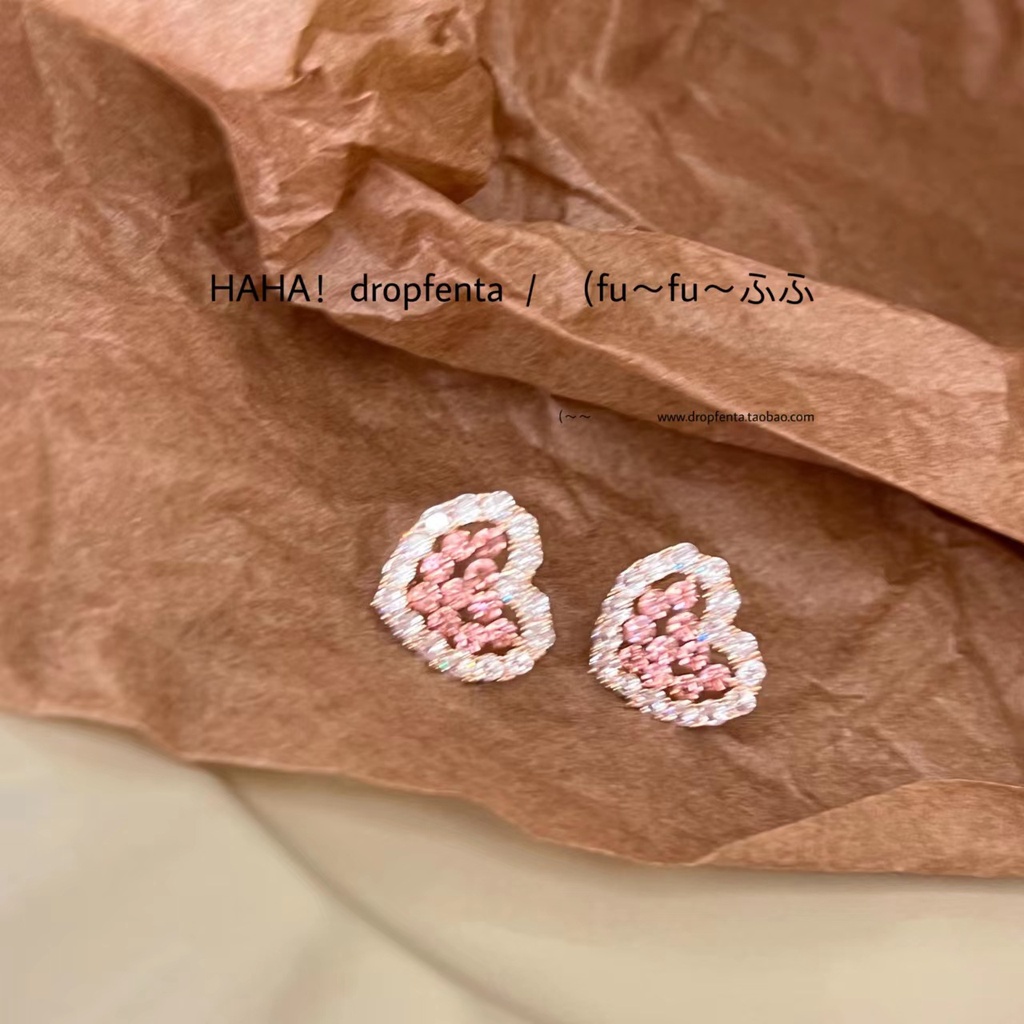 Anting Tusuk Bentuk Hati Pink Bahan Alloy Hias Berlian Imitasi Untuk Wanita