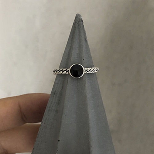 Cincin Wanita Perak 925 Vintage Sederhana Fashion Hitam Enamel Kawin Rings Adjustable Size