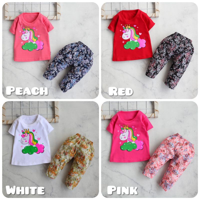 Setelan Baju Celana Anak Perempuan Usia 0-12 bulan Motif Crown Unicorn