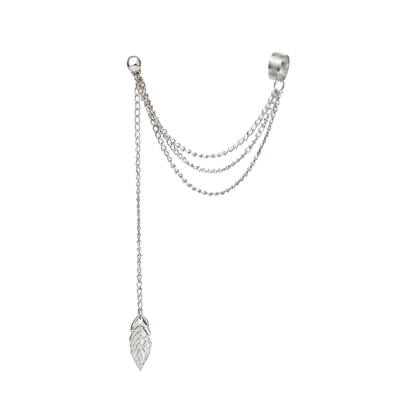 Anting korea wanita panjang model tusuk tindik ring rantai gantung rumbai earring untuk cewek gaul edgy motif kupu mahkota daun warna emas silver import-Daun Gold