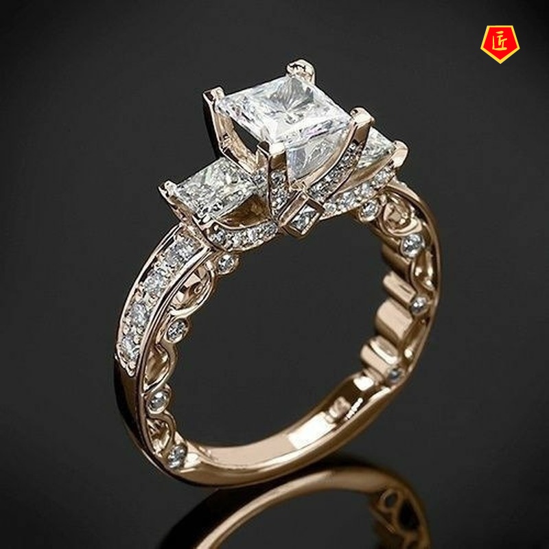 [Ready Stock]18K Gold Rhinestone Ring Micro-Inlaid Moissanite Fashion Luxury