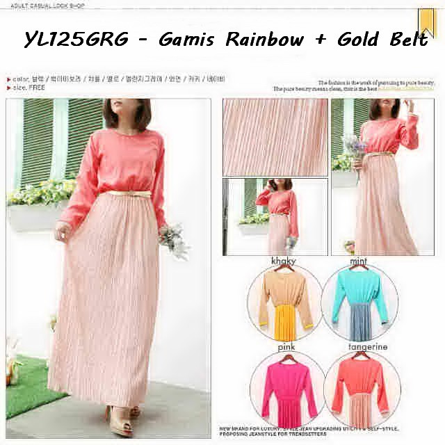 toko fashion wanita gamis remaja warna simple murah gamis rainbow + gold belt