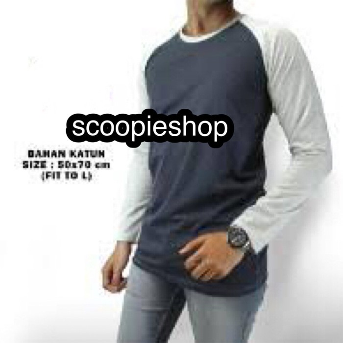 BAJU KAOS MOTIF POLOS RAGLAN REGLAN BAJU LENGAN PANJANG COWOK PRIA - BIRU ABU