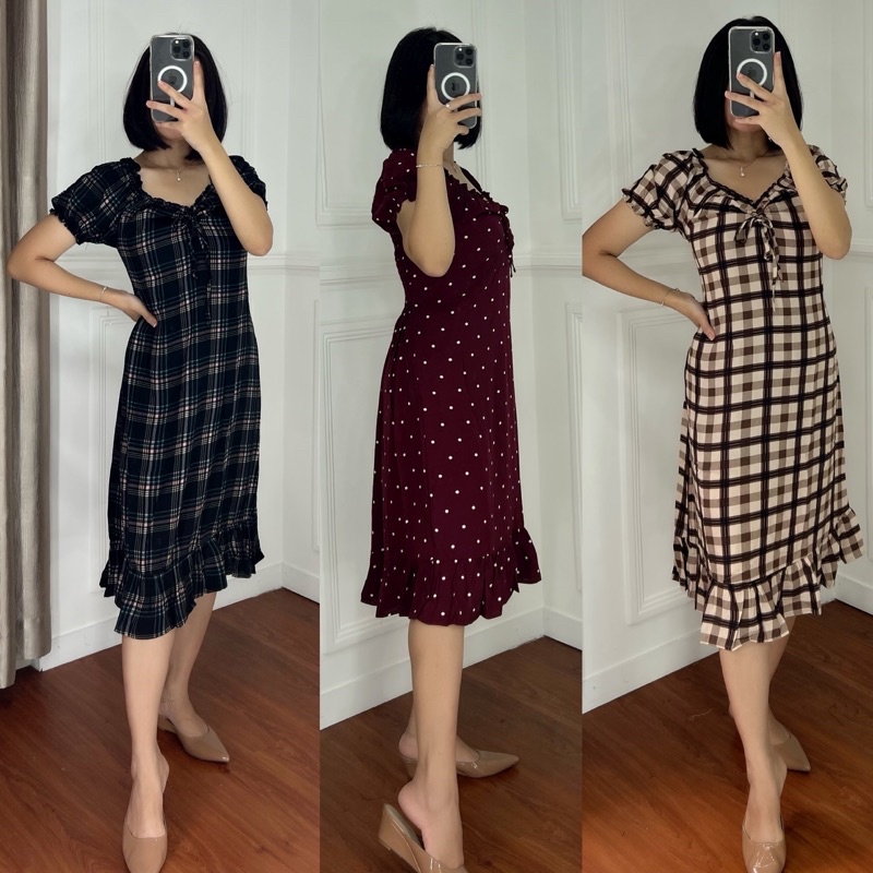 DRESS SABRINA MEWAH BAJU ELEGANT DRESS MIDI REMPEL BAWAH BAJU KARET