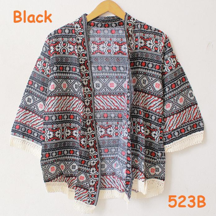 Cardigan Rumbai Batik Etnik Bahan Katun Kimono Style Parang Navy Top - Hitam