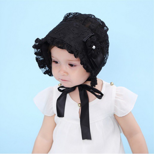 Topi bonet bayi / topi noni anak kain renda warna hitam dan putih