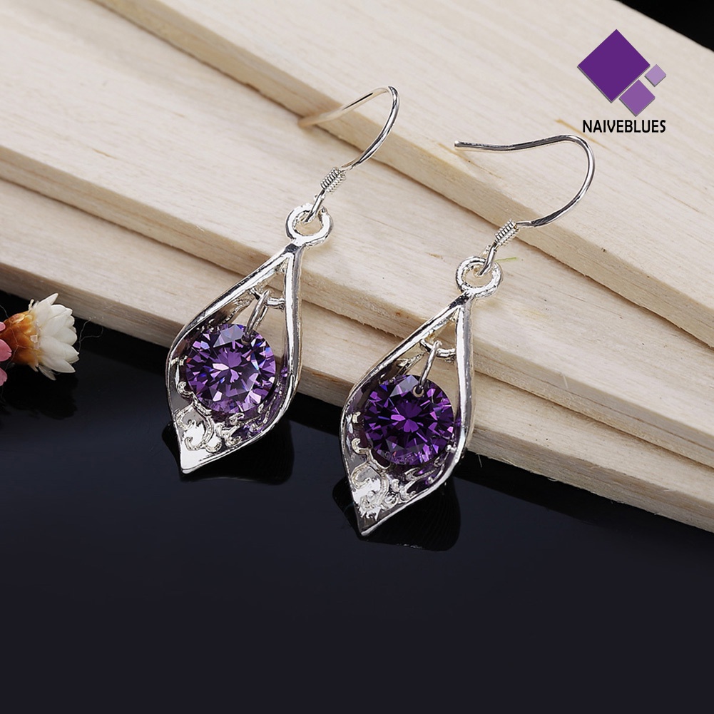 Anting Juntai Lapis Silver Hias Zirkon Warna Ungu Untuk Wanita