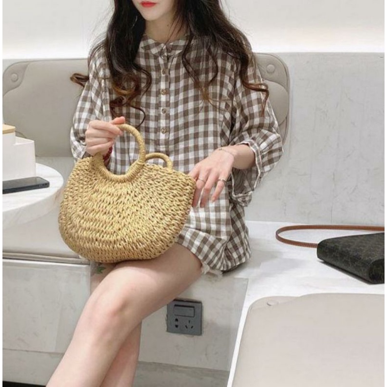 MDLV ~ 8939# Fernanda Plaid Shirt Kotak Kecil Blouse Kotak Import