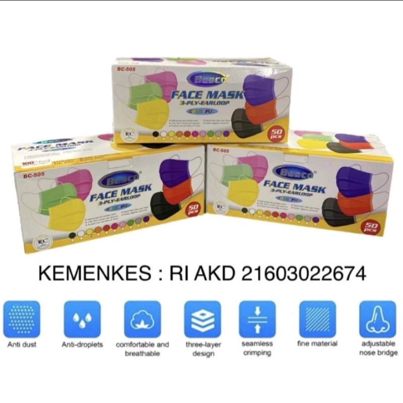 MASKER EARLOP ISI 50 PCS NON MEDIS WARNA - MASKER 3 PLY (BESCO & JSP)
