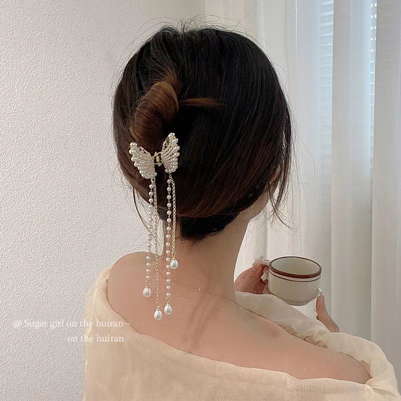 Jepit Rambut Model Rumbai Panjang Bentuk Sayap Aksen Mutiara Gaya Korea Untuk Wanita