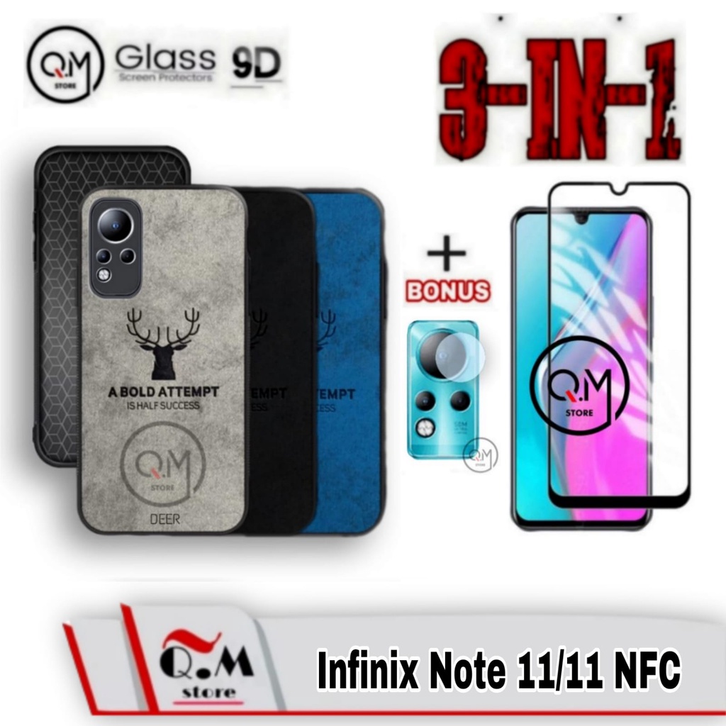 Paket 3 in1 Case Infinix Note 11 NFC / Infinix Note 11 Softcase Deer Pelindung Back Cover BONUS TEMPERED GLASS PLUS CAMERA