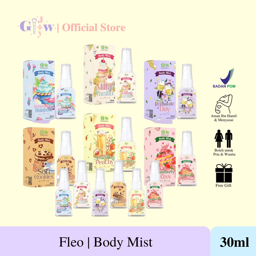 FLEO (30ml) body mist parfum badan tubuh murah termurah viral wangi original best seller ibu hamil anak menyusui strawberry vanilla coklat cookies susu bubble gum permen karet romantic romantis mini travel size peach buah berry soft manis pear glace segar