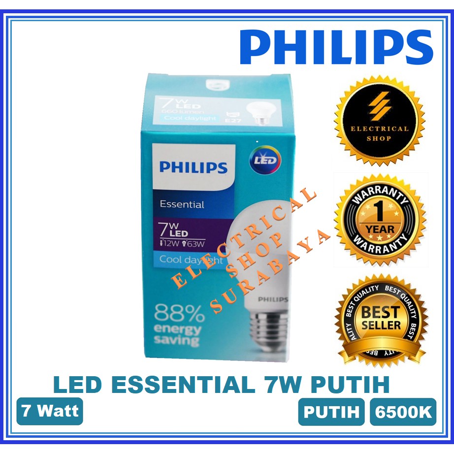 PHILIPS LAMPU LED ESSENTIAL 7W / 7 WATT PUTIH (GARANSI 1 TAHUN &amp; HARGA GROSIR) ESS BULB ORI MURAH