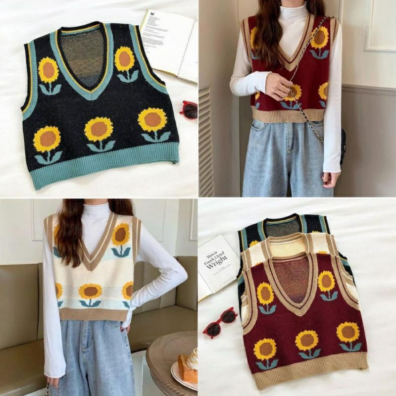 Retro Sunflowers Vest matahari Wanita Korean