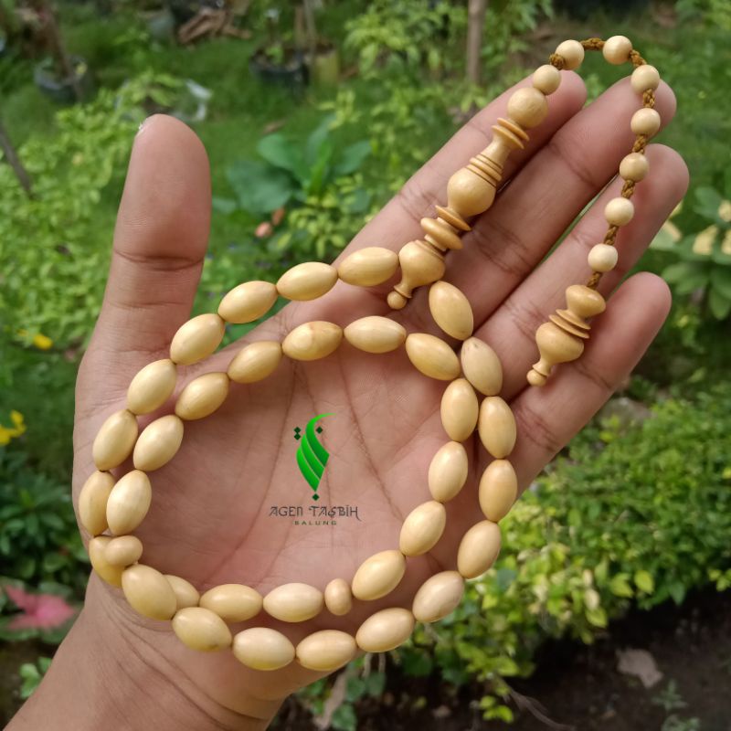 Tasbih Kayu Kemuning Gading Oval Size 8mm x 14mm 33 Butir , Tasbih 33 Butir, Tasbih Antik Kayu Langka Bertuah Nusantara