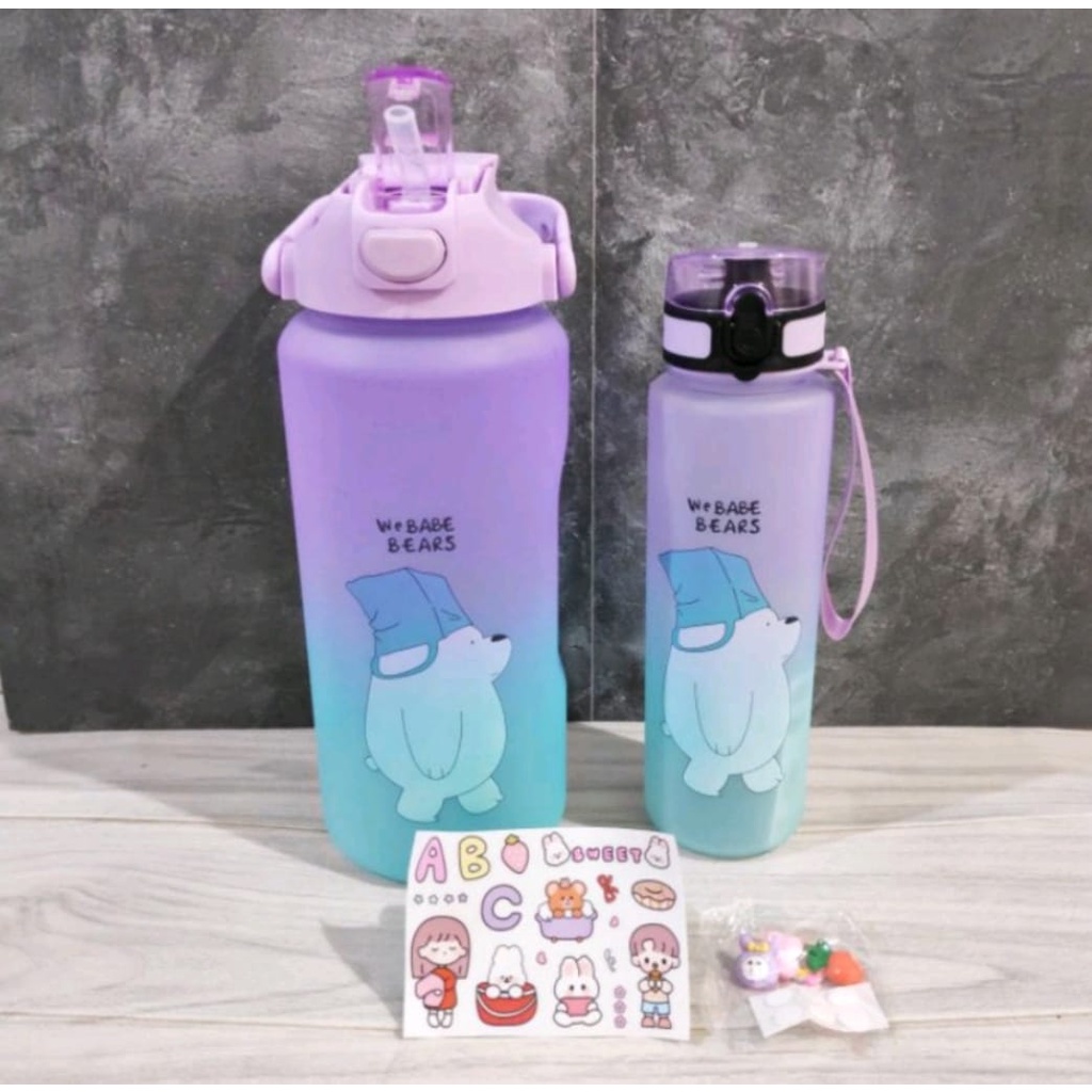 Botol Minum Couple Pasangan + Sticker 2D &amp; 3D Gradasi We Babe Bear 1Set 2 Liter Dan 800ML Food Grade Bebas BPA Dengan Penanda Waktu Webabe Bears-Botol Minum Viral Motivasi 2in1 Botol Minuman Anti Bocor Awet Tahan Lama