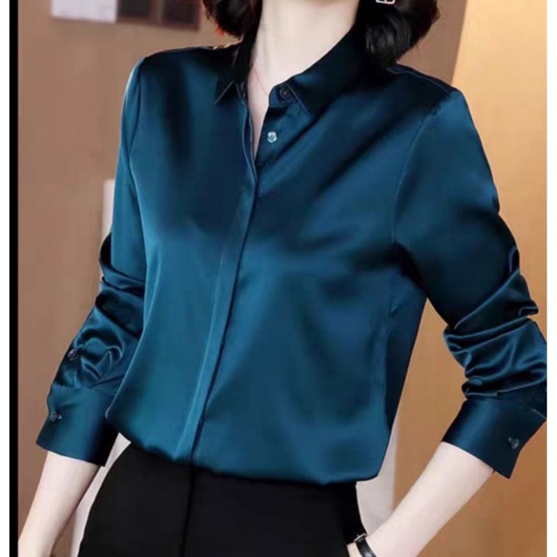 TM 2320 Kemeja SATINE HIDDEN import lengan panjang, kancing tersembunyi, warna tosca pink maroon mus