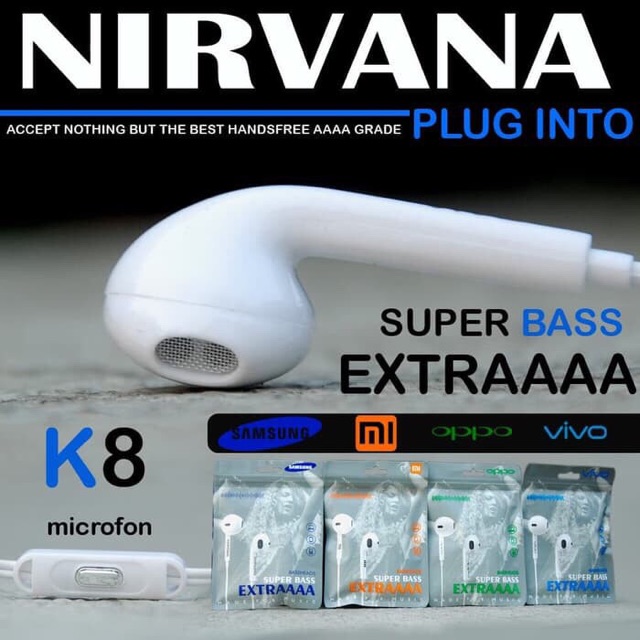 Hf Earphone Headset Branded R9/K8 Extra Super Bass Nirvana Samsung Oppo Xioami Vivo Hf