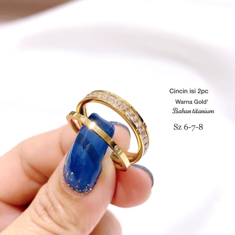Cincin Titanium Asli isi 2pc gold Mata Kilau Anti karat Anti Alergi Stainless steel 018