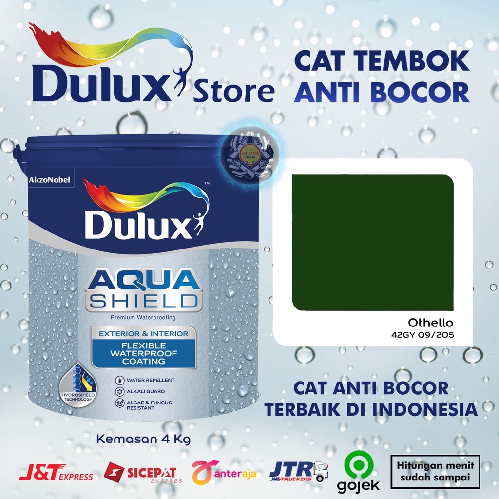4KG CAT TEMBOK ANTI BOCOR DULUX AQUASHIELD 2X LEBIH KUAT TAHAN CUACA WARNA OTHELLO 42GY 09/205 HIJAU
