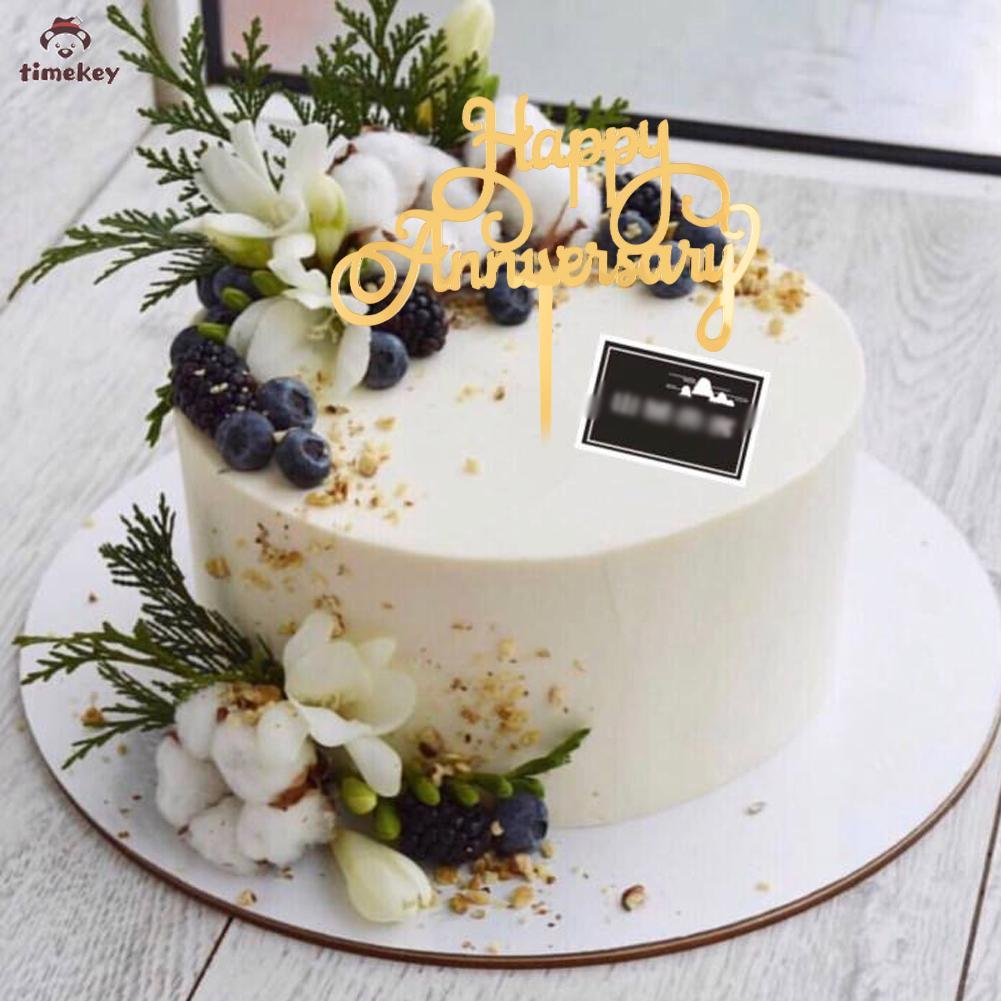 Topper Kue Bahan Akrilik Motif Tulisan Happy Anniversary Warna Emas Dan Silver