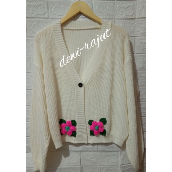 CARDIGAN RAJUT APLIKASI BUNGA KANCING 1 FASHION TERBARU TERLARIS KEKINIAN OUTER MURAH