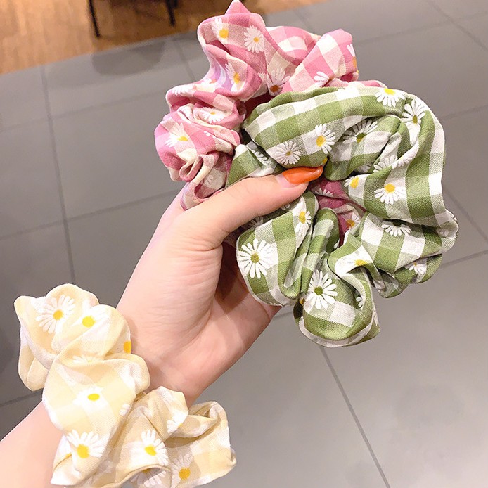 OVERFLOWS.ID Scrunchie Ikat Rambut Cepol Korea Lucu Bunga Daisy Kotak Tartan Bahan Katun BORDIR