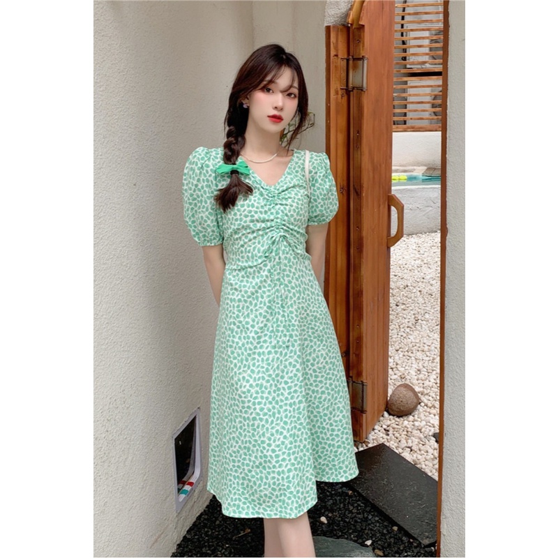 pakaian wanita korea COD Fashion New 2022 daster kerut dada Korean Style dress Blue Green Floral Lace-up Waist Short Sleeve Drawstring V Neck Midi dress biru for Women Summer A-Line tunik Casual Dresses biru  dress wanita 2023 korea