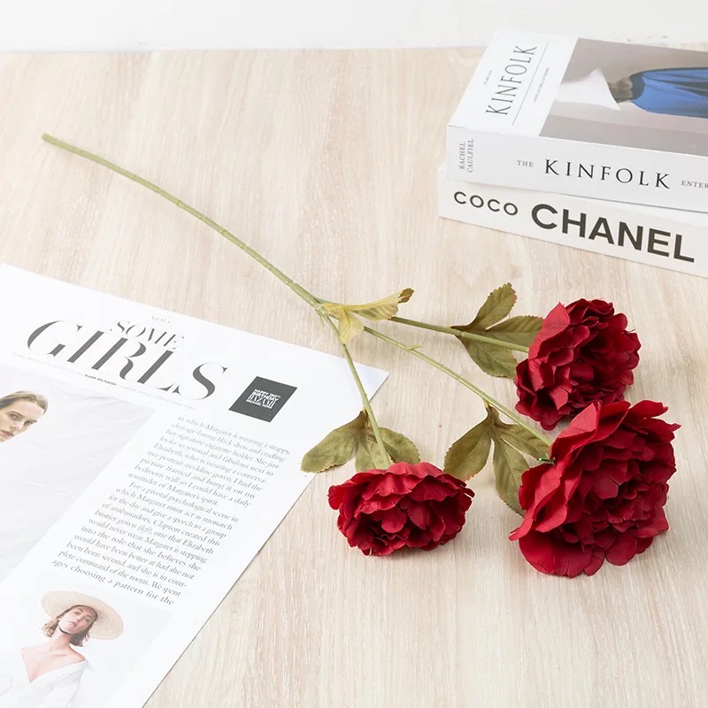 [3 Tangkai] Bunga Peony Premium X3 Artificial / Bunga Palsu Dekorasi Nikah Wedding Pesta-Merah