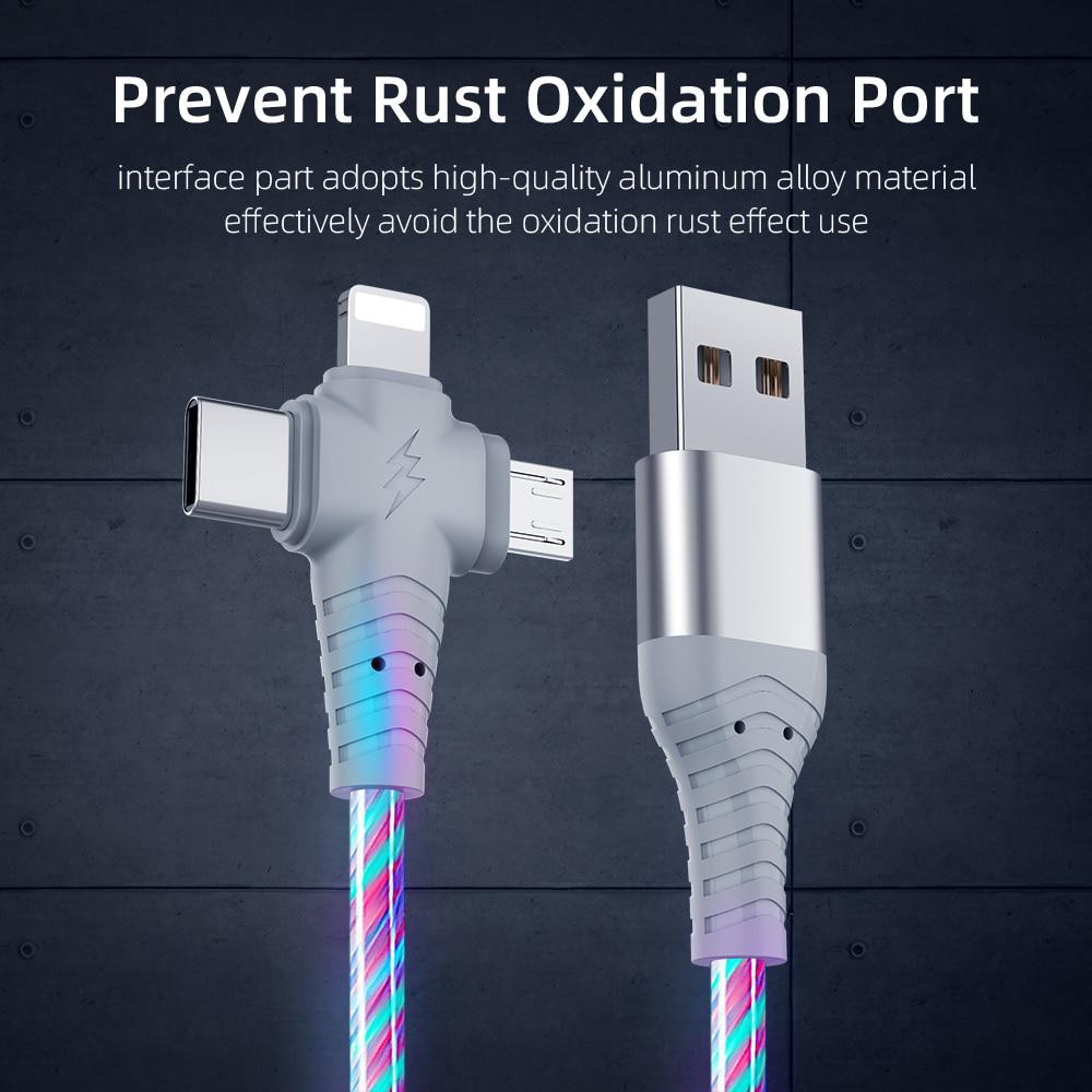 3 in 1 Kabel Charger Micro USB Tipe C 8 Pin Dengan Lampu LED Luminous