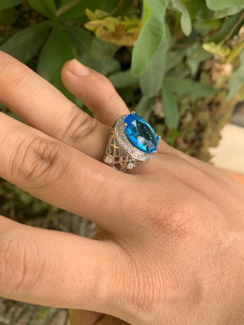 Cincin Perak Akik Topaz Sky Blue Cutting Mewah Berkelas