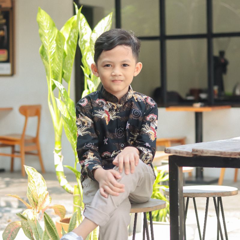 BatikBule Kemeja Batik Anak Slimfit Panjang Motif Casual Warna Biru dan Hitam