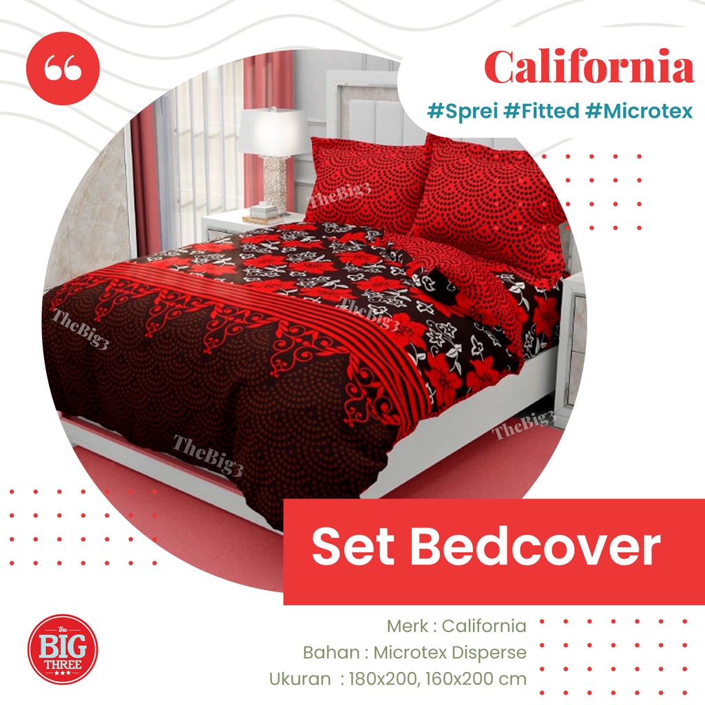 CALIFORNIA Bedcover 180x200 / 160x200 motif Balena Clara Kei Diana Greenchy Glen Verena Dario Black White Mickey Heart Meow Mirah Ginny Polka Green Saphire Metrico Pink Flamingo Royal Star Stripe Tropical Leaf - King Size 180 BC FLAT