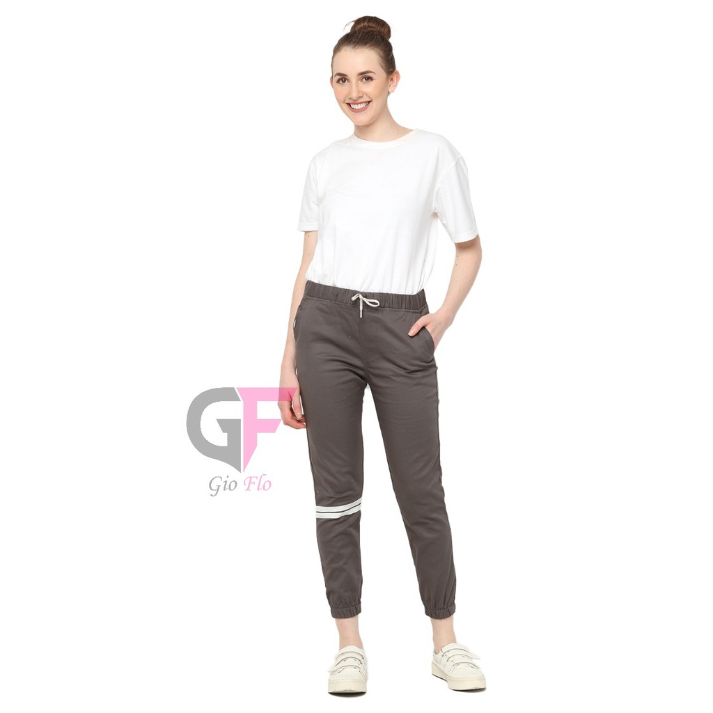 GIOFLO Pakaian Wanita Celana Jogger Kasual Panjang Strip Abu / CLN 956