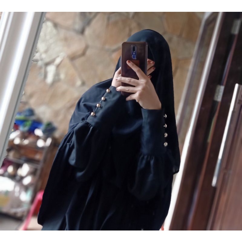 Hawa Dress gamis Premium design lengan balon realpict-Hitam