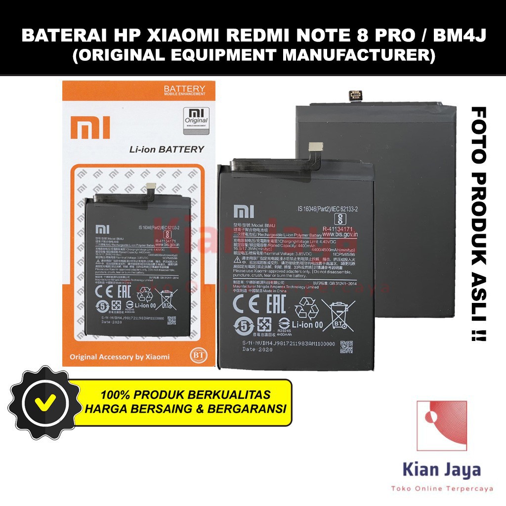 Baterai Xiaomi Redmi Note 8 Pro BM4J Original OEM Batre Batrai Battery Hp Xiao Mi BM 4J Ori