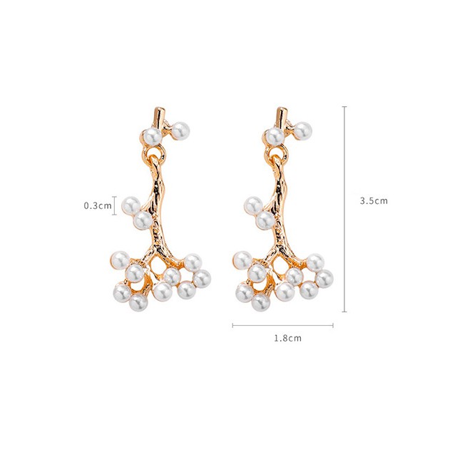 LRC Anting Tusuk Fashion Gold Pearl Branch Flower 925 Silver Needle Stud Earrings D19512