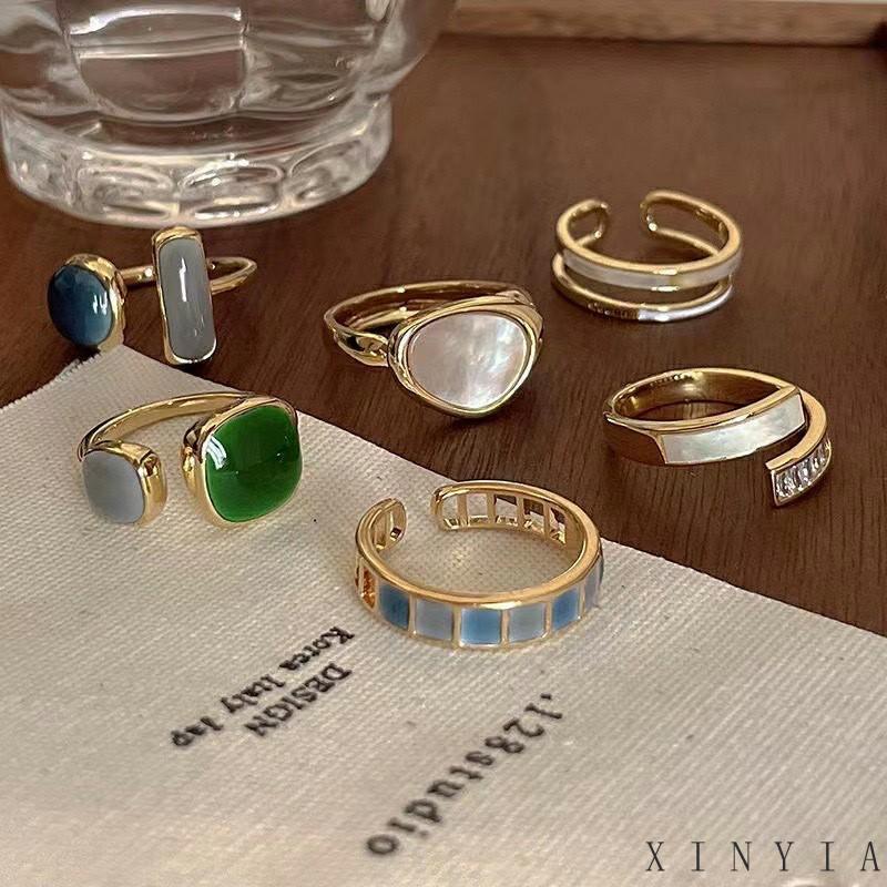 [COD]Cincin Korea Model Kupu Terbuka Retro Desain Geometri Warna Glaze Untuk Wanita Disesuaikan