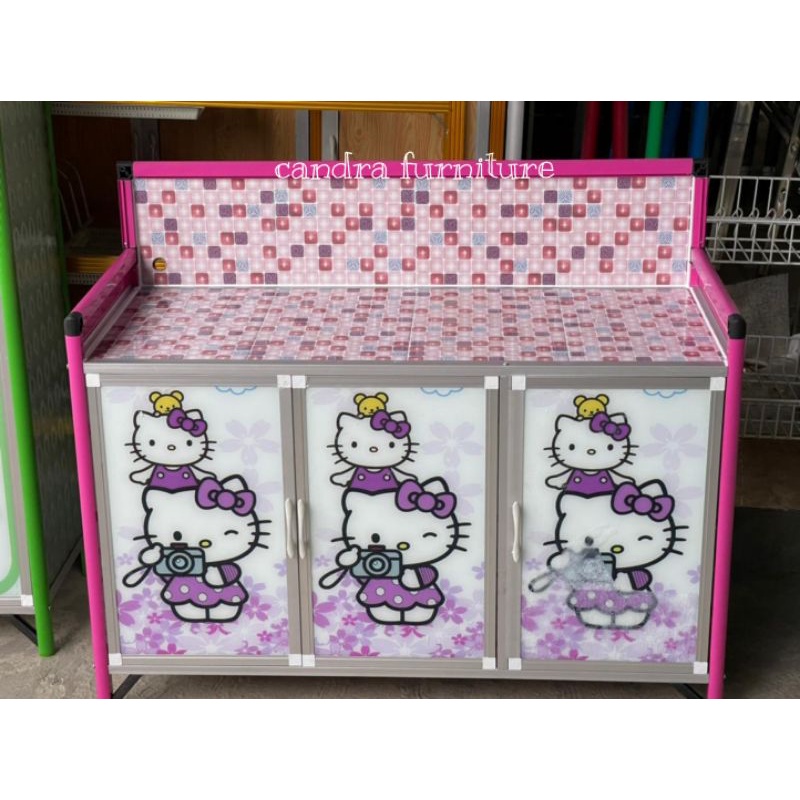 (grand opening)RAK KOMPOR+RAK PIRING 3 PINTU  MOTIF HELLO KITTY KAKI KOKOH