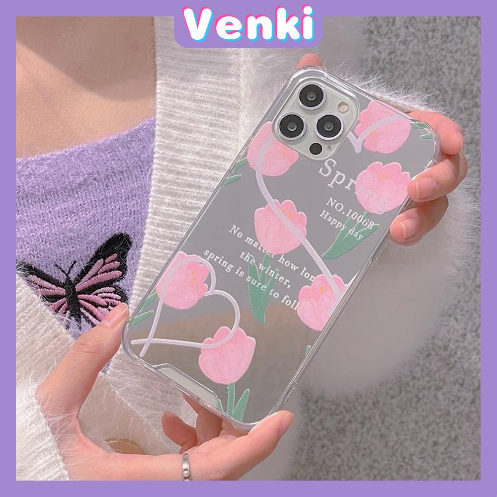 iPhone Case Acrylic Reflective Mirror Airbag Shockproof Protection Camera Pink Tulip Flower Compatible with iPhone 11 iPhone 13 Pro Max iPhone 12 Pro Max iPhone 7 Plus iPhone xr