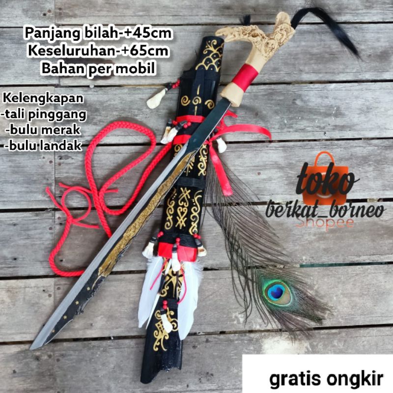 mandau senjata pusaka khas suku adat dayak kalimantan asli motif naga tatah kuningan size 65cm