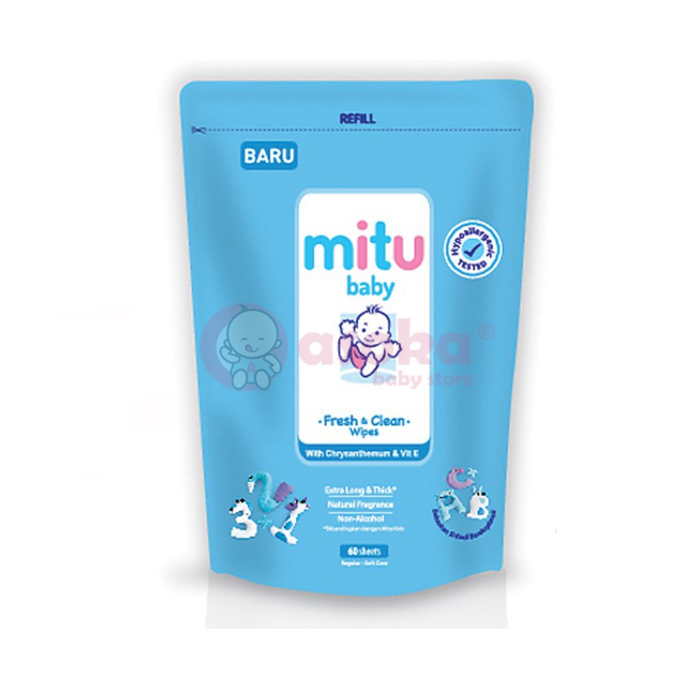 Mitu Baby Wipes Fresh &amp; Clean Blue Refill 60'S ASOKA