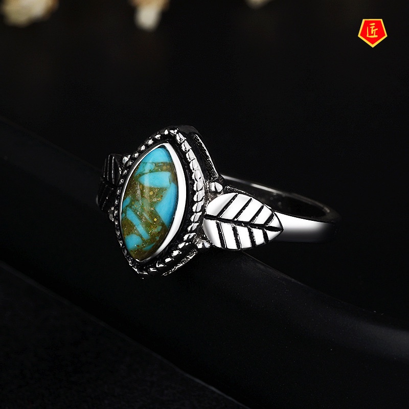 [Ready Stock]Creative Retro Turquoise Leaf Ring Noble and Elegant