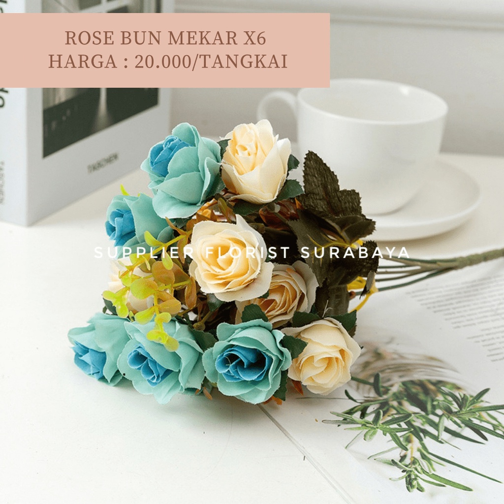 ROSE BUN MEKAR 1 TANGKAI CABANG 6 @2KEPALA, TOTAL 12 KEPALA BUNGA PALSU ARTIFICIAL FLOWER BUNGA MAINAN DIY FLORIST