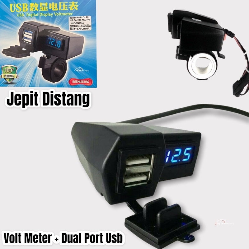 Volt Meter Digital + Dual Port Usb Charger Hp Jepit Stang Motor Vixion Megapro Tiger Ninja150 Nmax Pcx Aki 6V-24V